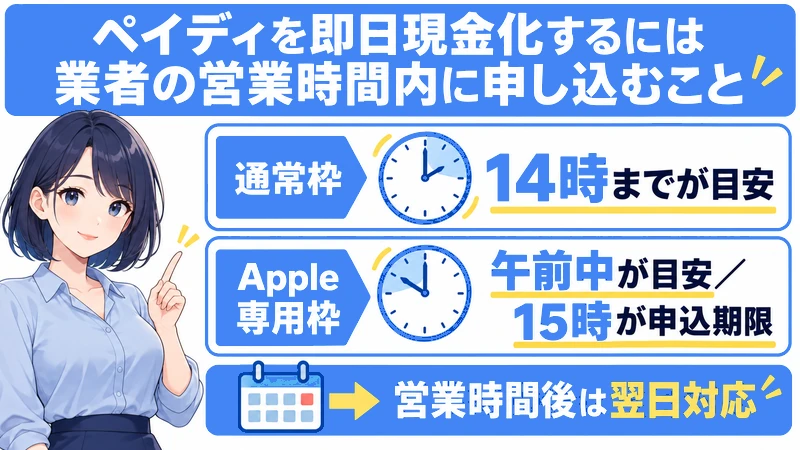 ペイディを即日現金化するには業者の営業時間内に申し込むこと