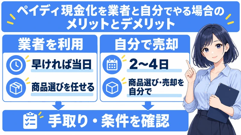 ペイディ現金化を業者と自分でやる場合のメリットとデメリット